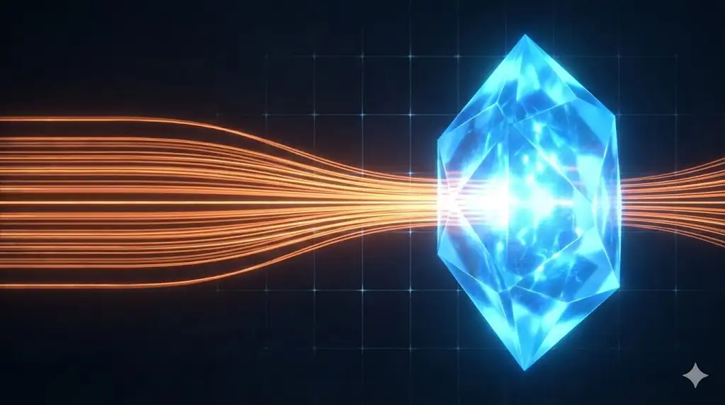 A conceptual illustration of orange light energy flowing into a large blue crystal, representing capital rotation from Bitcoin to Ethereum.