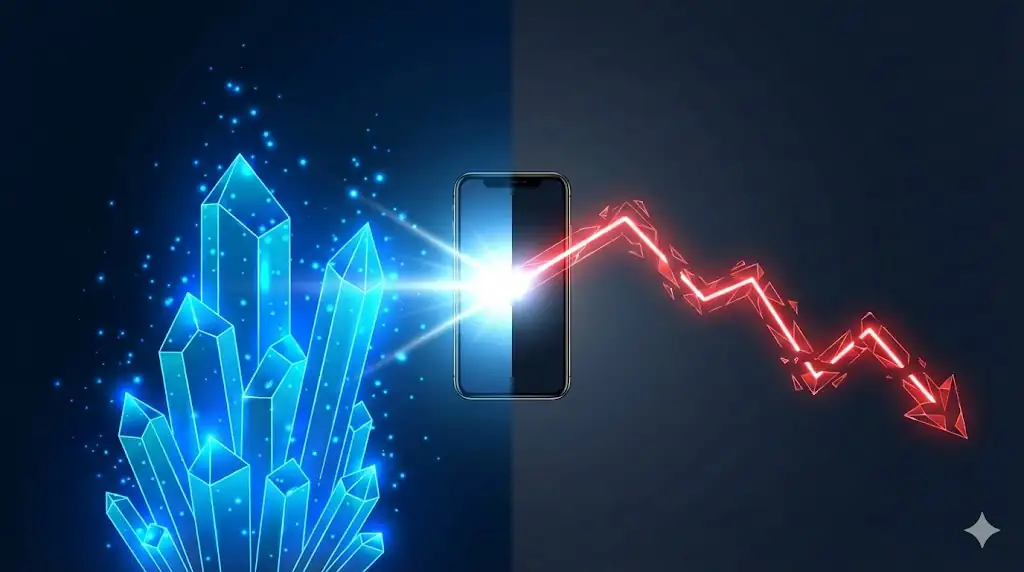 Visual metaphor for the divergence between strong network fundamentals and weak token price, with a product bridging the gap.