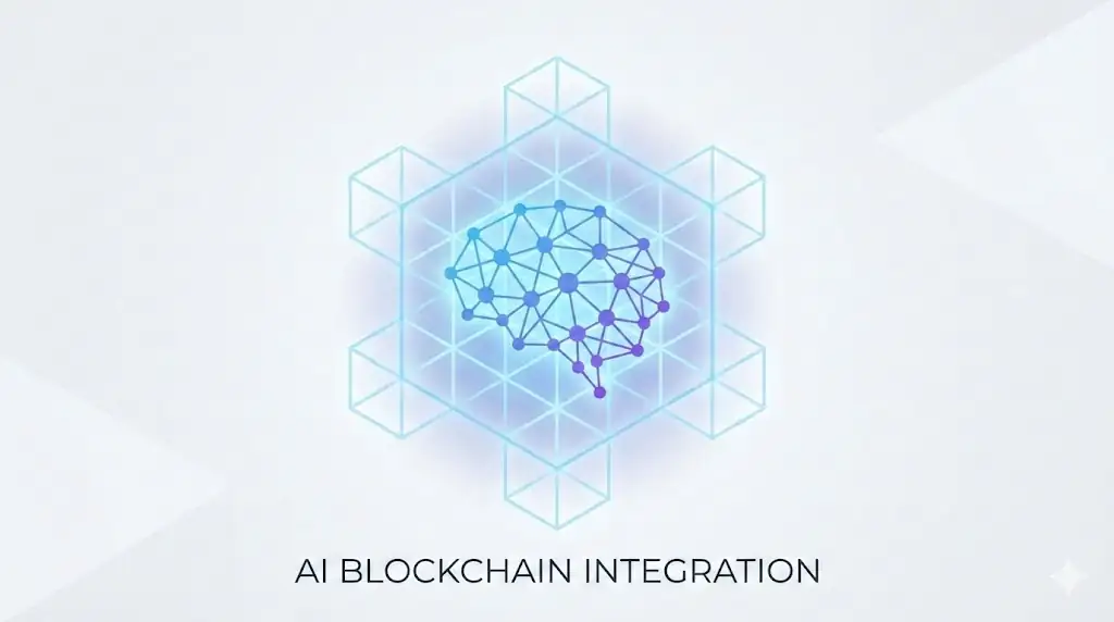 A professional visual representation of AI and Blockchain technology merging into a single secure infrastructure.