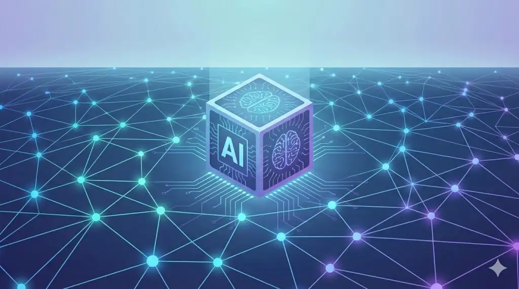 A technical illustration showing a specialized AI processor connected to a global decentralized computing network.