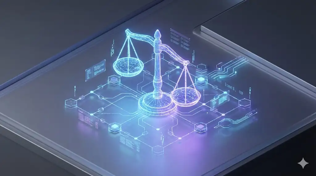 A digital scales of justice integrated with a glowing blockchain network to represent the transition from litigation to regulation.