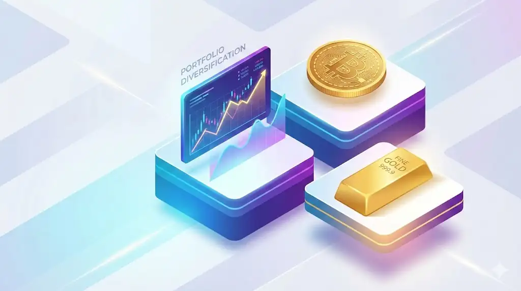 An isometric 3D layout of diverse investment assets including a stock graph, a digital coin, and a gold bar on polished floating platforms.