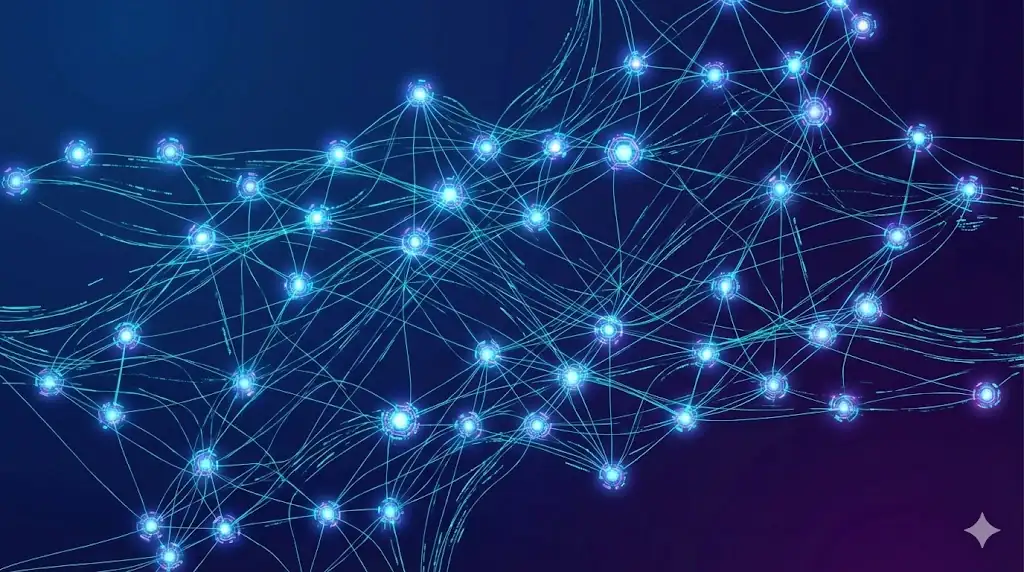 A conceptual image of a glowing, decentralized artificial intelligence network with interconnected processing nodes.