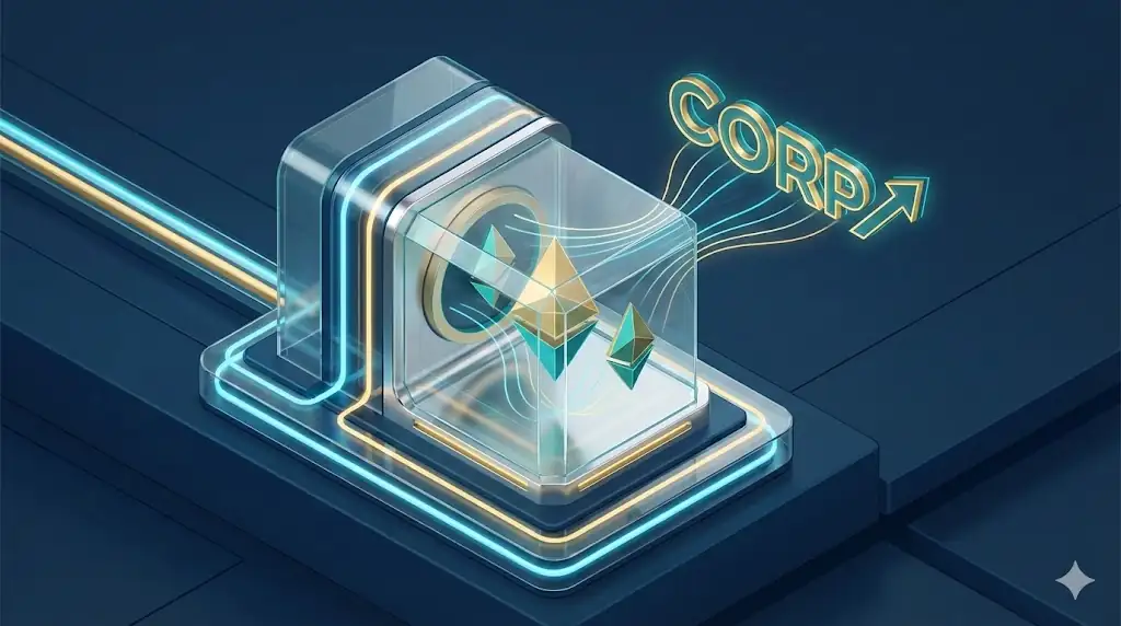 An elegant digital device where stylized Ethereum icons rotate in a glass core, generating a flow of energy into a corporate stock symbol.
