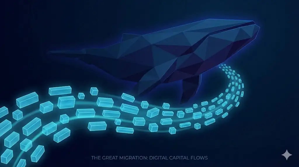 Abstract representation of a crypto 'whale' accumulating a vast amount of digital assets.
