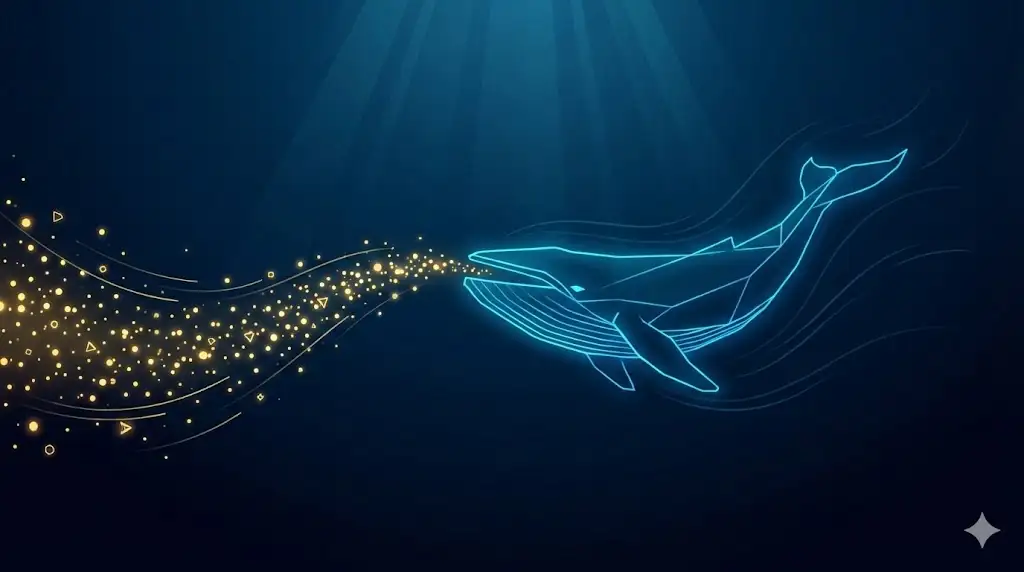 Stylized whale absorbing glowing tokens, symbolizing large-scale XRP accumulation by crypto whales.