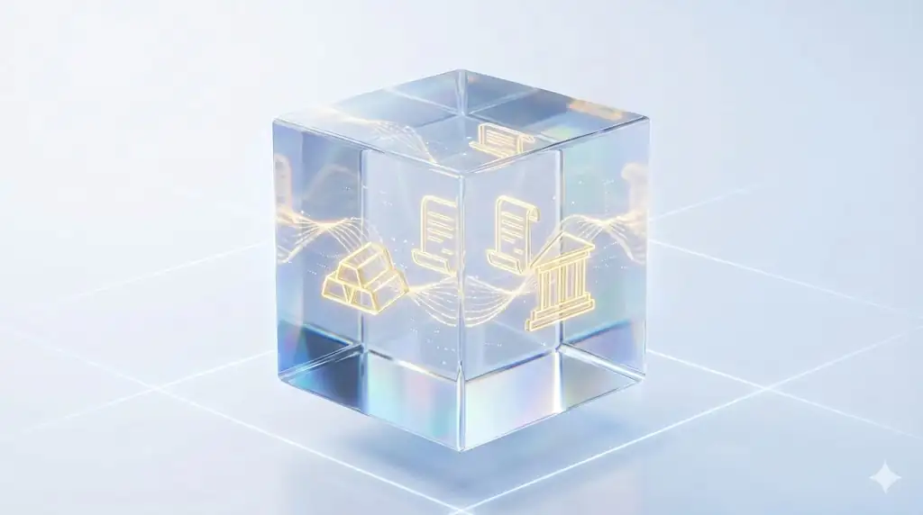 A conceptual image showing tokenized real-world assets (like bonds and commodities) as digital, interconnected collateral.