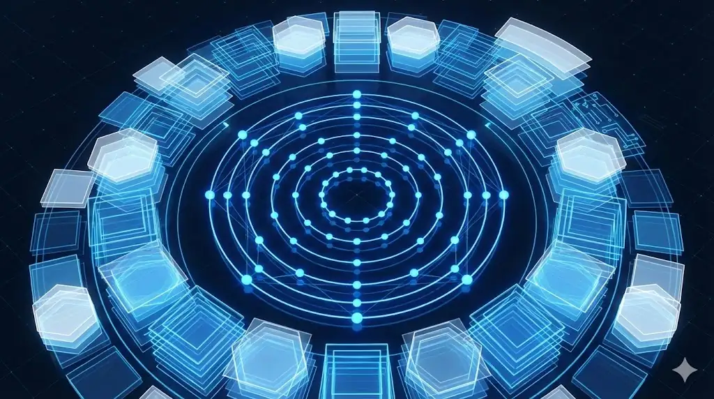 Abstract visualization of a blockchain network scaling up efficiently and securely.