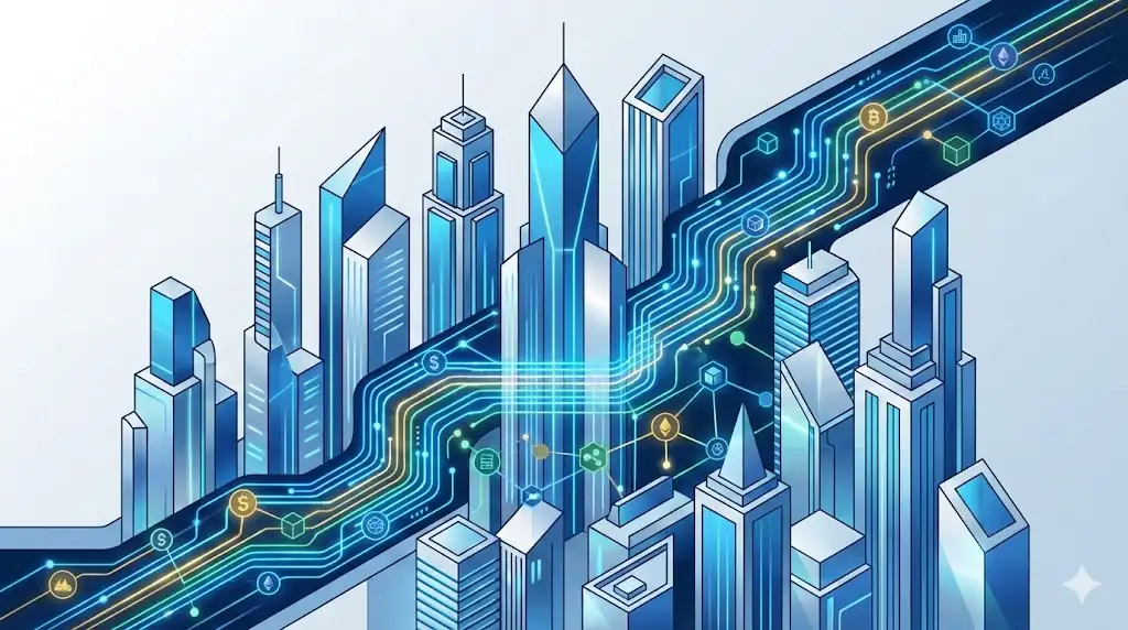Abstract illustration representing the fusion of corporate finance and blockchain technology.