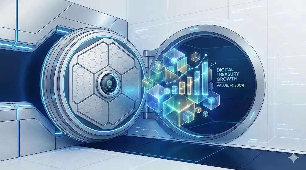 Conceptual illustration of a corporate treasury evolving from traditional cash to growing digital assets.