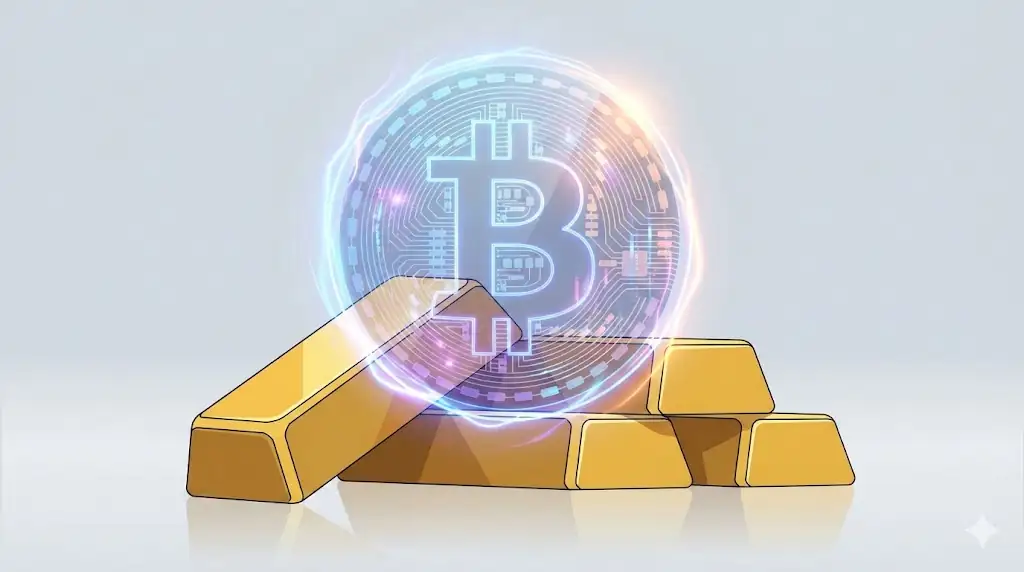 Comparison of traditional gold bars with a glowing, superior digital Bitcoin coin.