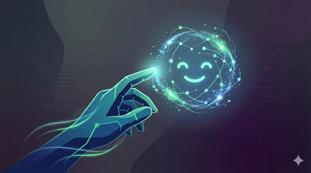 A human hand reaching out to a friendly, glowing AI visage composed of light particles and data nodes.