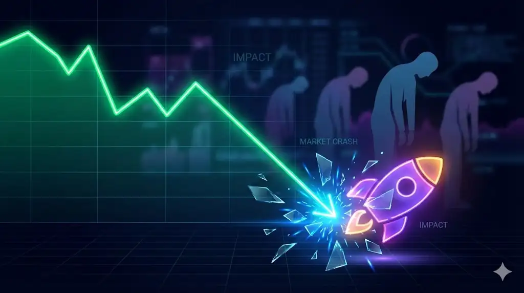 A steeply declining stock chart line collides with a playful internet icon, creating sparks, visualizing high-risk corporate crypto bets.