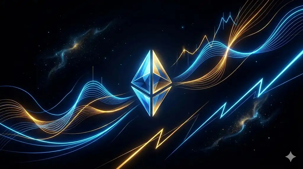 A glowing abstract cryptocurrency token surrounded by dynamic lines of market forces, representing power and volatility.