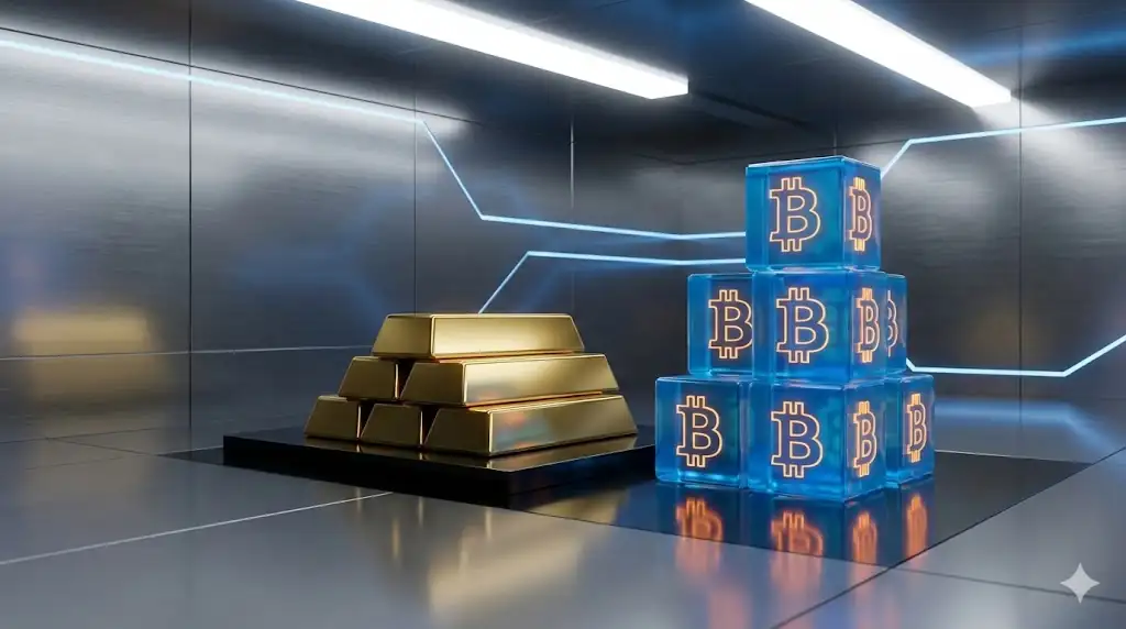 A minimalist scene in a secure storage space, with a stack of gold bars beside a stack of glowing blocks inscribed with Bitcoin symbols.