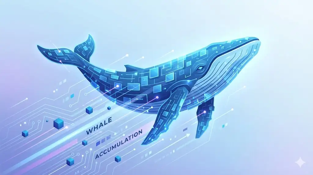 A digital whale surfacing from a data-stream ocean, symbolizing large-scale market accumulation.