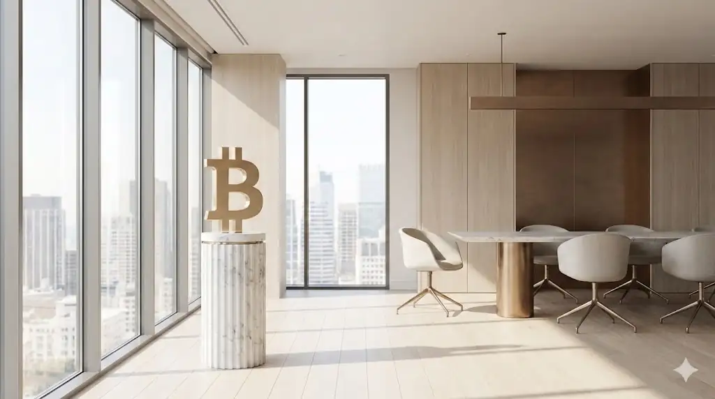 A high-end, professional office setting with a beautifully crafted golden Bitcoin icon on a pedestal, representing institutional respect.
