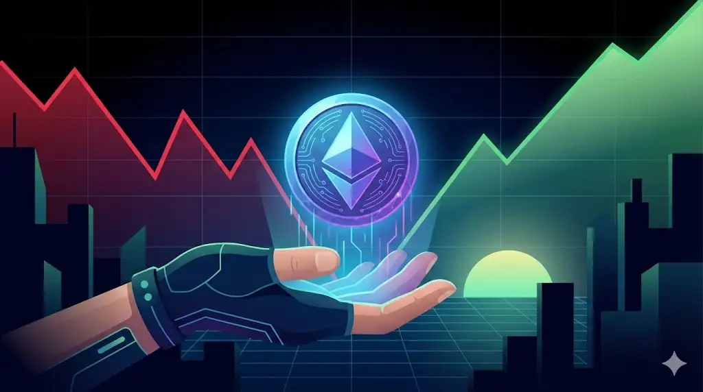 A hand catching a glowing blue digital coin against a rebounding green line chart.