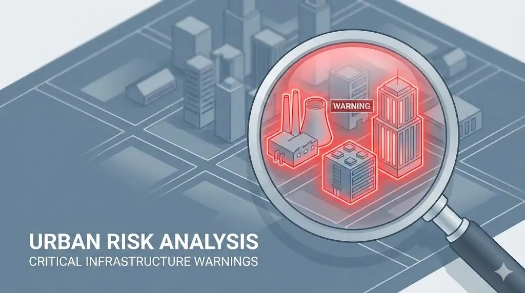 A minimalist illustration of a magnifying glass inspecting a blueprint of a skyline, with red warning indicators on certain buildings.