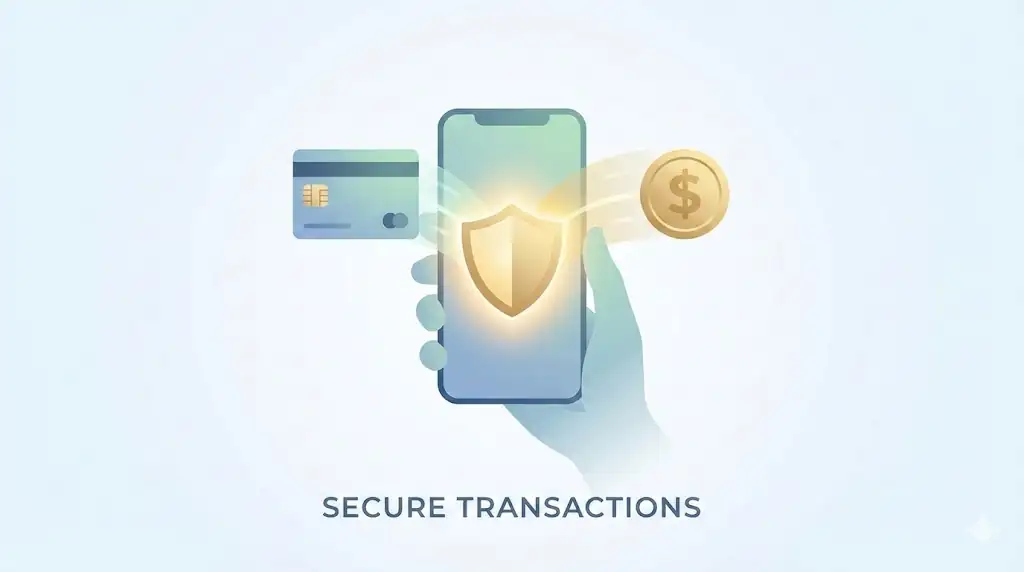 A hand holding a smartphone where a credit card icon and a crypto coin icon are merging into a glowing shield.