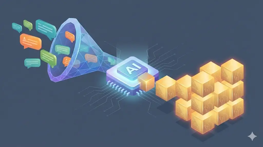 Concept art of a digital funnel converting social media chat bubbles into organized, glowing data blocks, representing AI monetization.