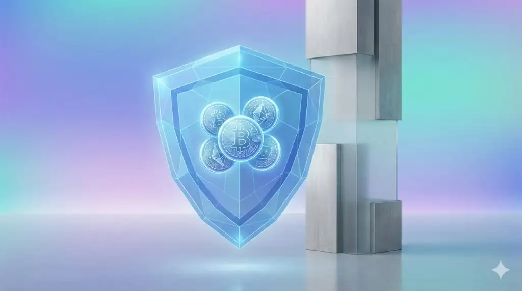 Visual of a translucent blue shield protecting glowing digital coins next to a Greek-style pillar, symbolizing regulated and secure crypto trading.