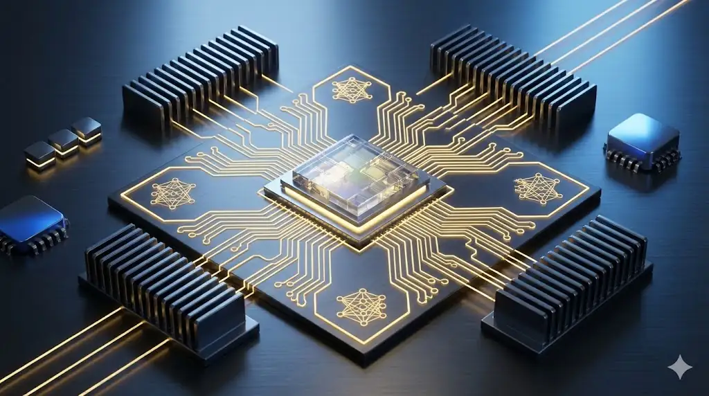 A close-up of a sophisticated, glowing AI semiconductor chip.