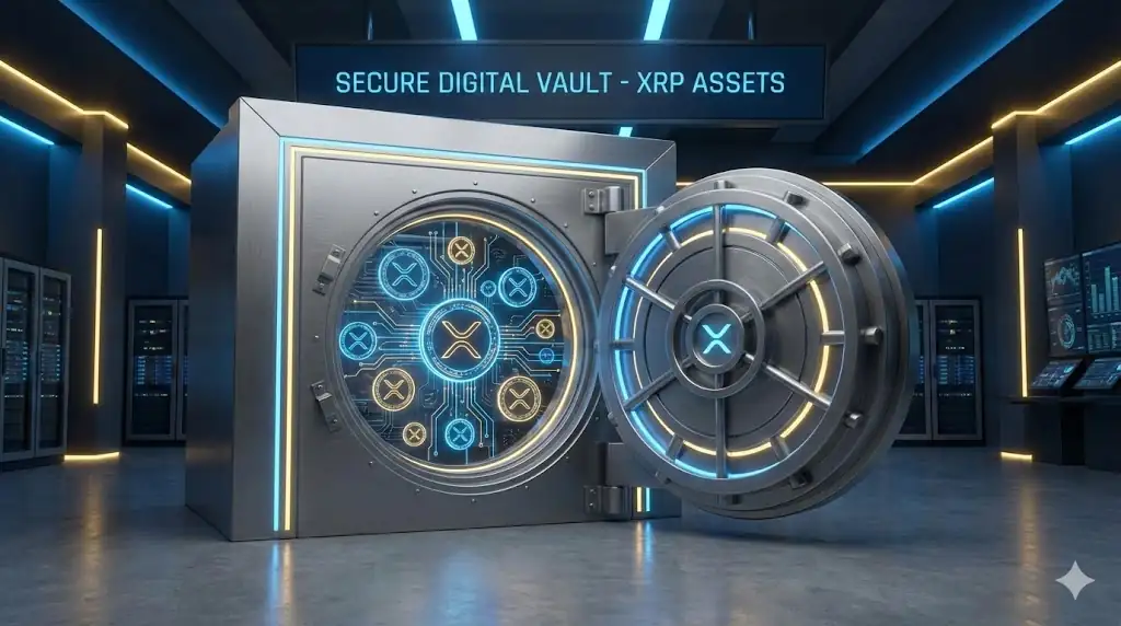 A sleek digital vault door slightly open, revealing a glowing XRP coin symbol inside.