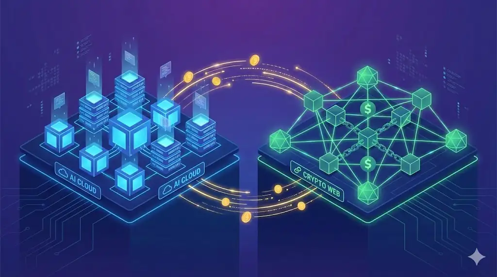 An abstract network visualization showing the interconnection between AI cloud infrastructure and cryptocurrency networks.