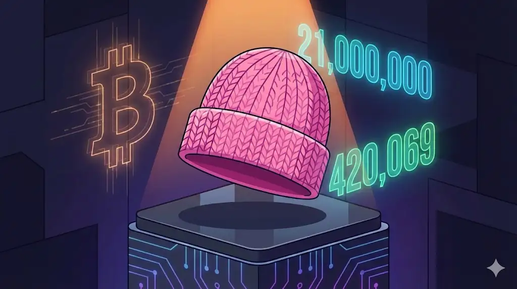 A conceptual image representing the valuable Dogwifhat meme beanie as a digital collectible on an auction block.