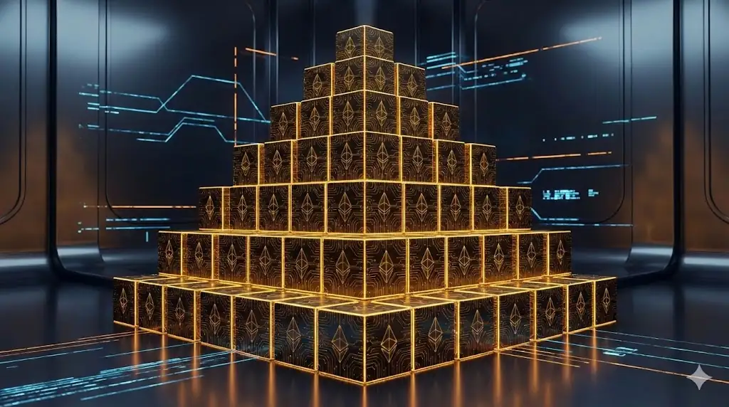 A conceptual image representing a massive and secure corporate treasury of Ethereum.