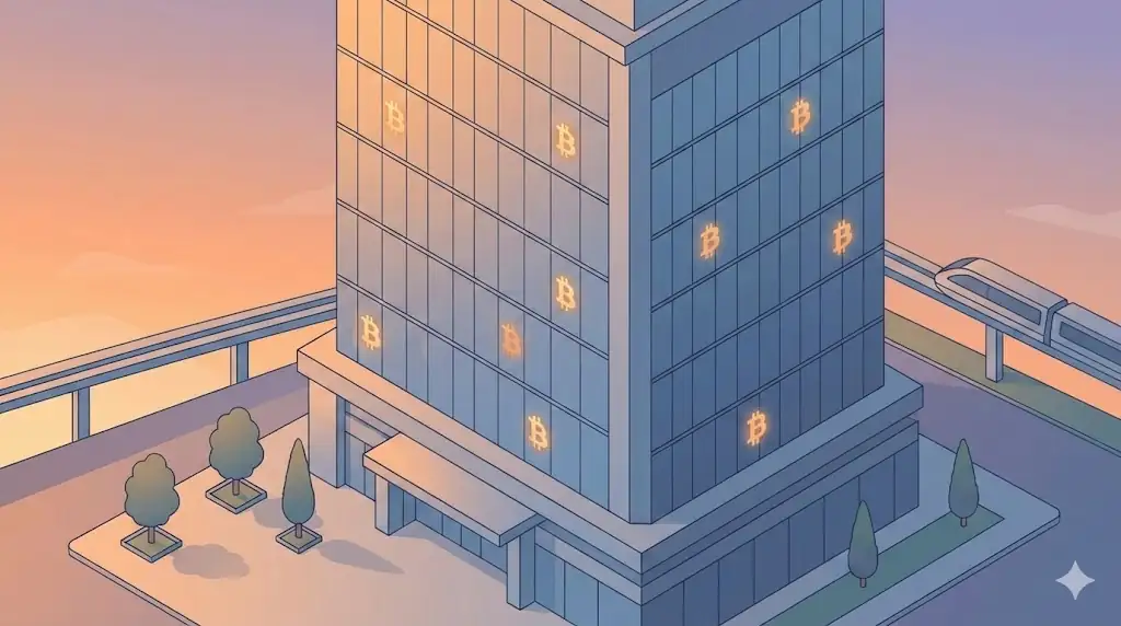 A minimalist digital illustration of a modern Japanese corporate building with a digital Bitcoin motif glowing in the window reflections.