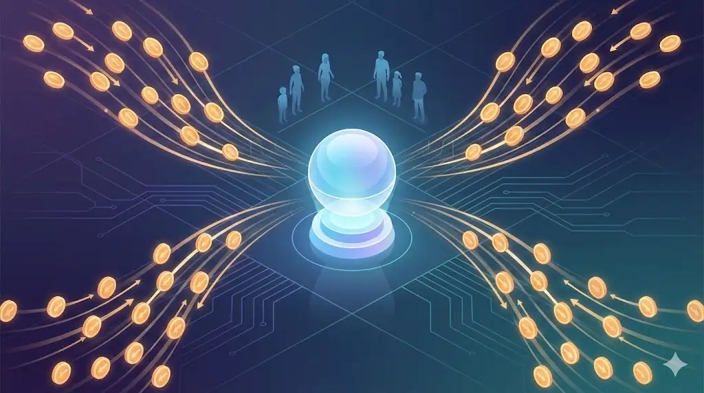 Abstract illustration representing a decentralized community voting process, with digital tokens flowing towards a central decision point.