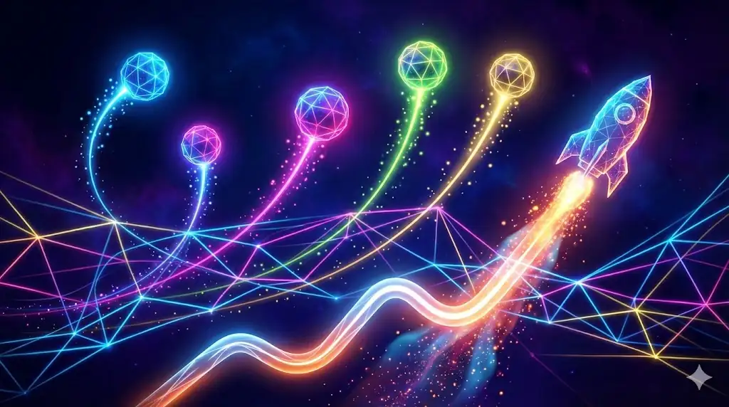 An abstract digital art piece representing the convergence of major cryptocurrency trends: surging prices, token mergers, and stablecoin growth.