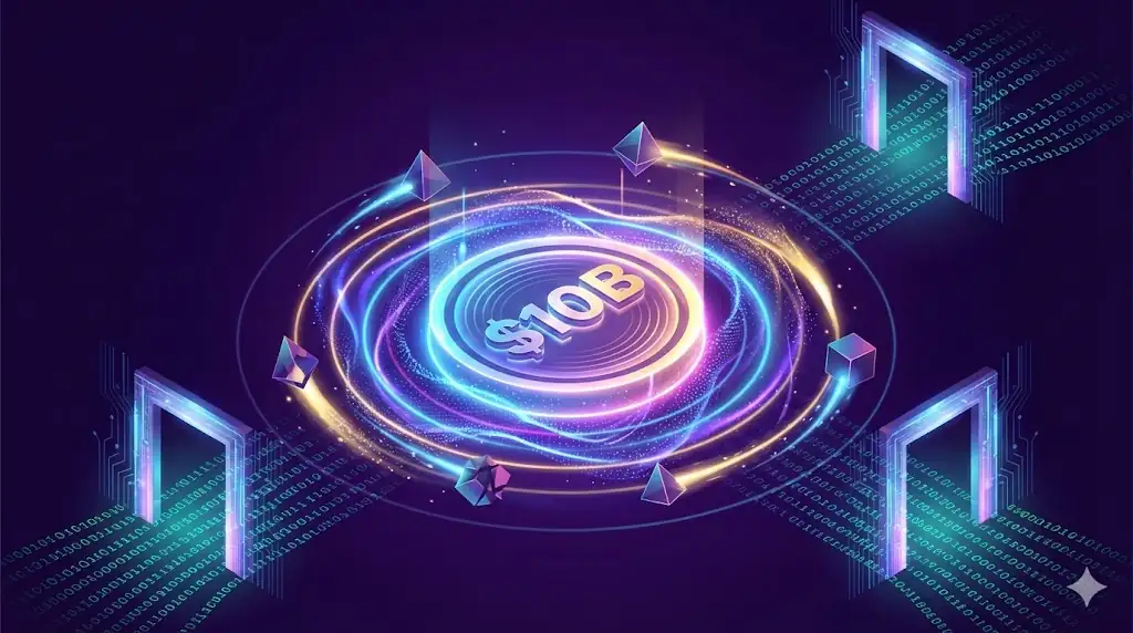 An abstract representation of a large stablecoin driving the growth of a related protocol token.