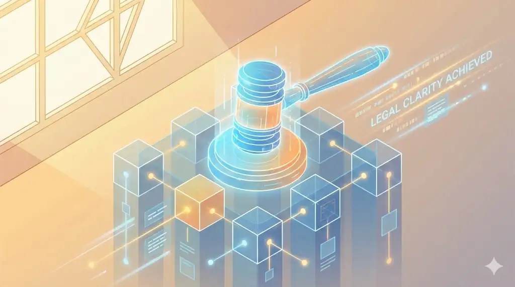 A glowing digital gavel resting on a blockchain ledger, symbolizing the resolution of legal disputes and the birth of market clarity.