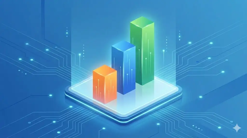Conceptual 3D bar chart showing three rising pillars of growth.