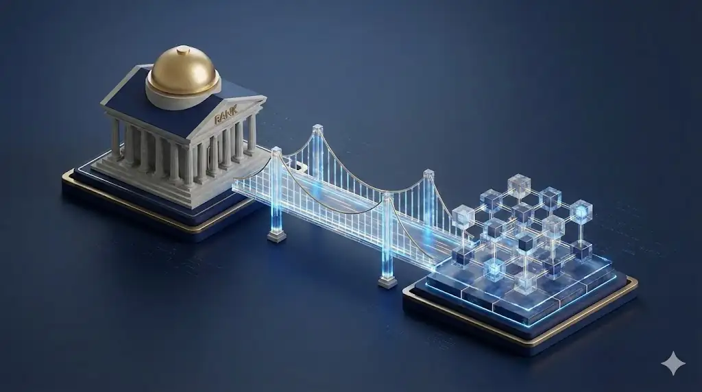 A header image showing a glowing digital bridge connecting traditional finance with a modern blockchain grid.
