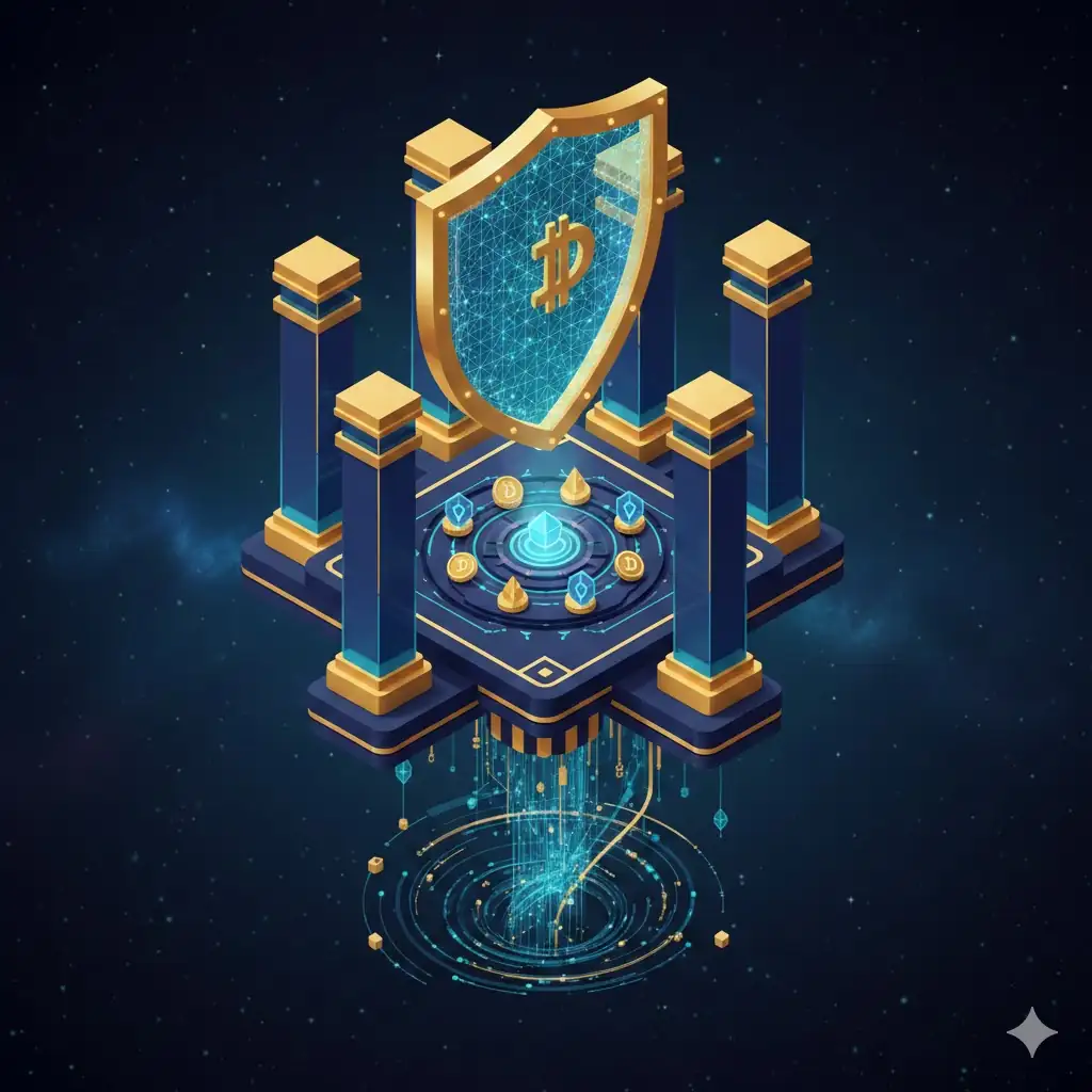 A digital fortress showing strong pillars of gold and blue cubes on a secure floating platform.