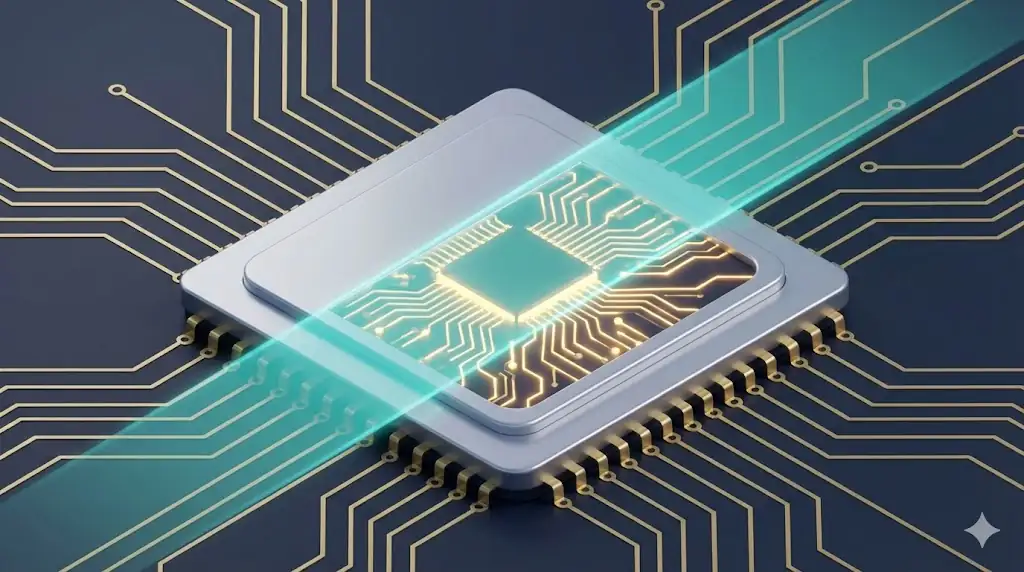 A detailed microchip on a motherboard being scanned by a translucent digital blue light beam.