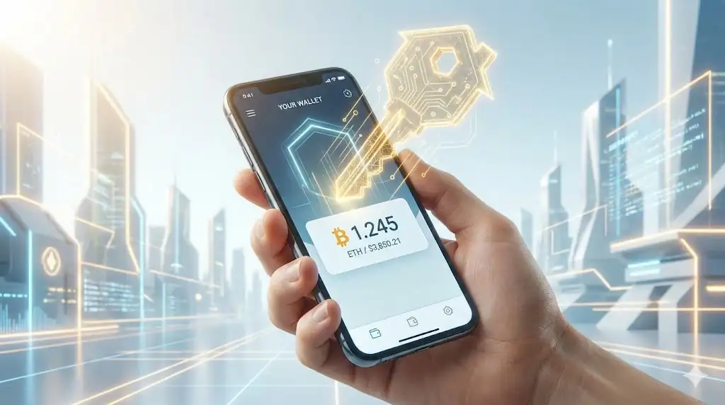A hand holding a smartphone where a crypto wallet interface generates a symbolic house key, representing using digital assets to buy a home.