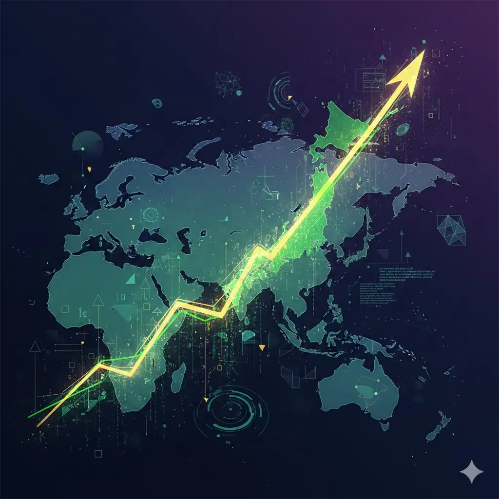 Abstract visualization of surging Asian markets and AI growth