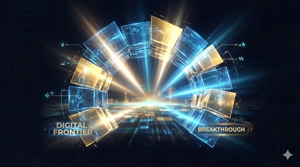 A glowing digital gateway symbolizing the breakthrough of cryptocurrency into new value thresholds.