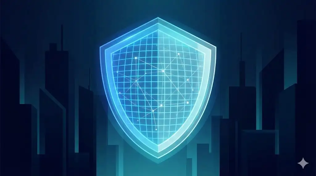 A conceptual image of a transparent legal shield protecting a decentralized network, symbolizing the DUNA framework's liability protections.