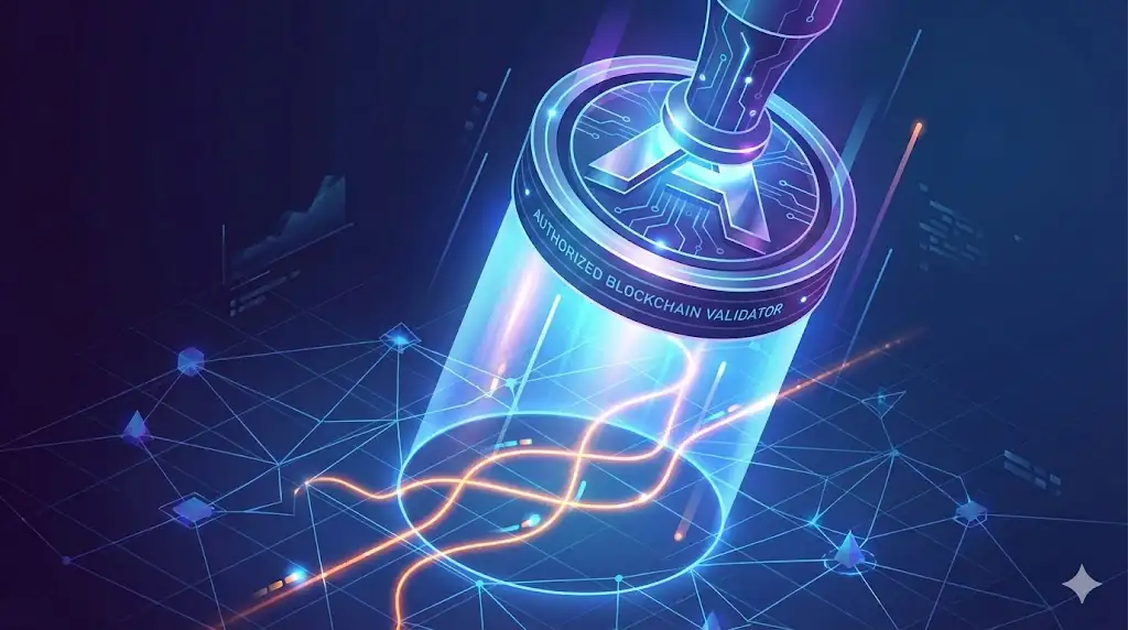 Conceptual image showing regulatory authority imposing order on the cryptocurrency transaction network.