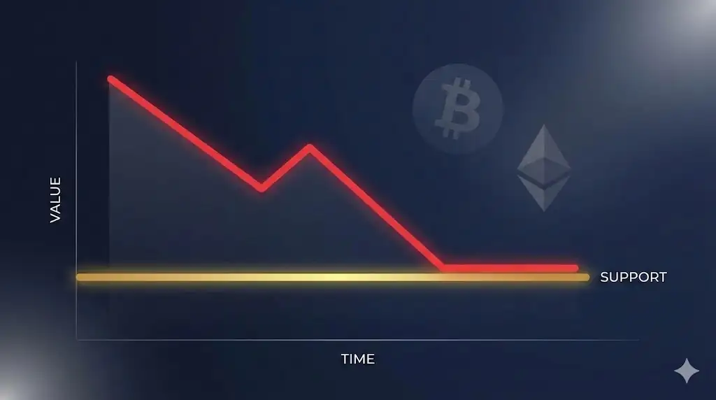 A stylized financial chart showing a downward market trend meeting a strong horizontal support level.