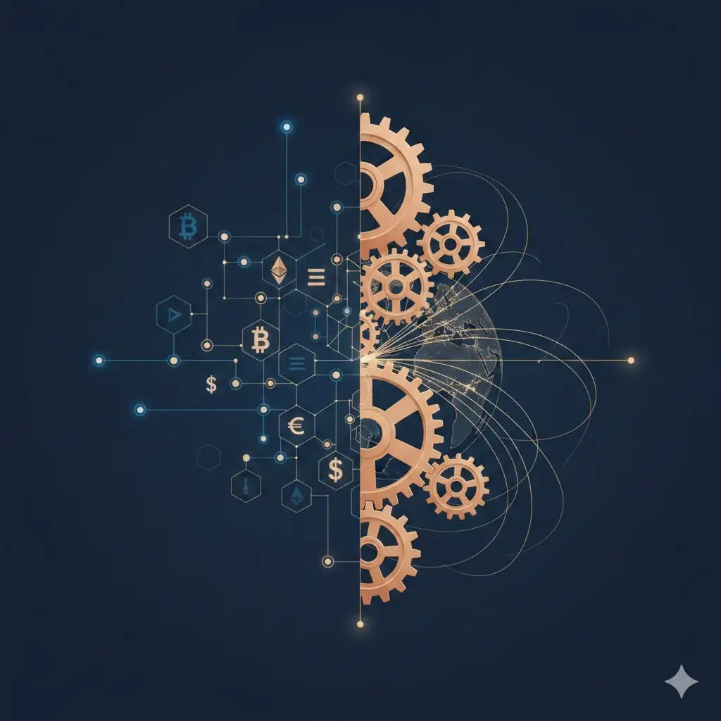 A conceptual landscape showing the intersection of cryptocurrency networks and global physical trade routes.