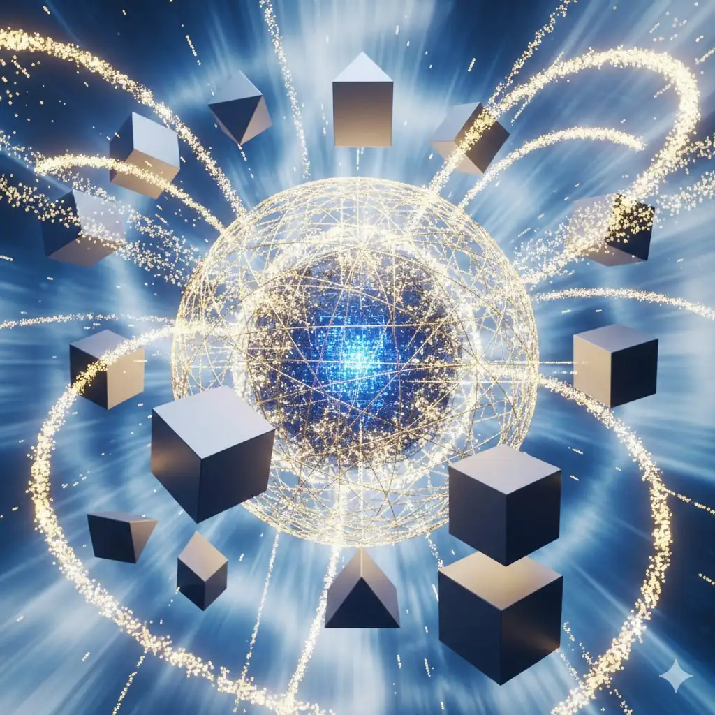 An abstract visualization of global financial networks converging with digital innovation and data streams.