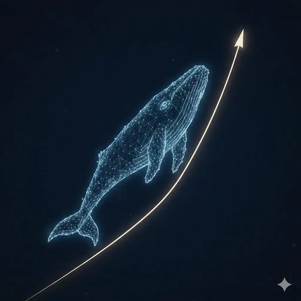 A whale symbol made of blockchain elements, representing large investor recovery.