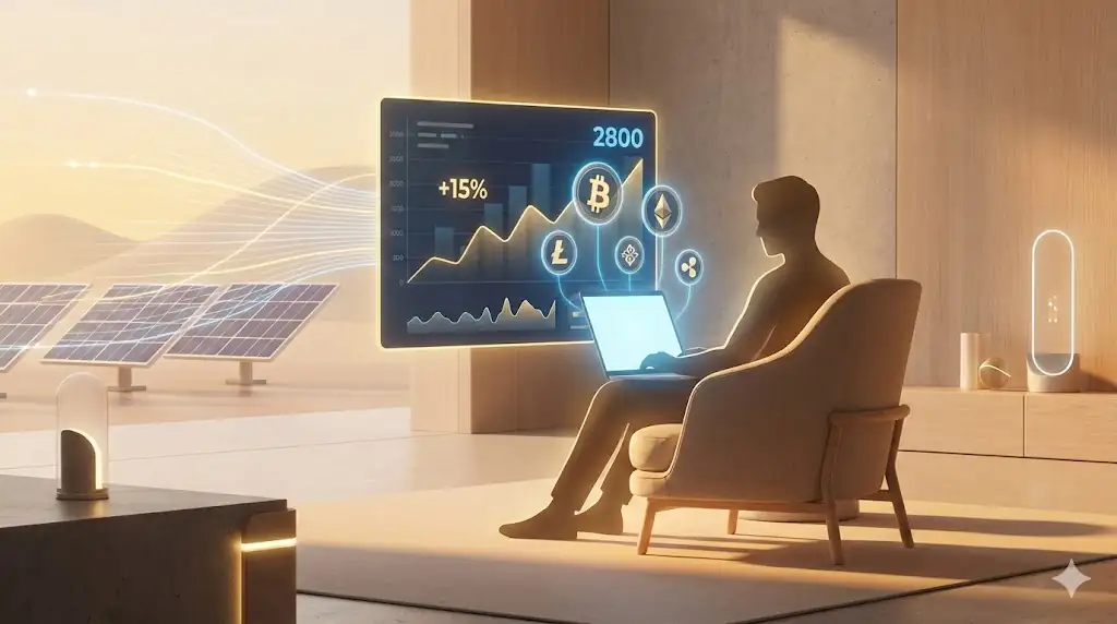 An atmospheric scene depicting the ease and accessibility of AI-powered cloud mining for passive income, set in a modern, renewable-energy context.